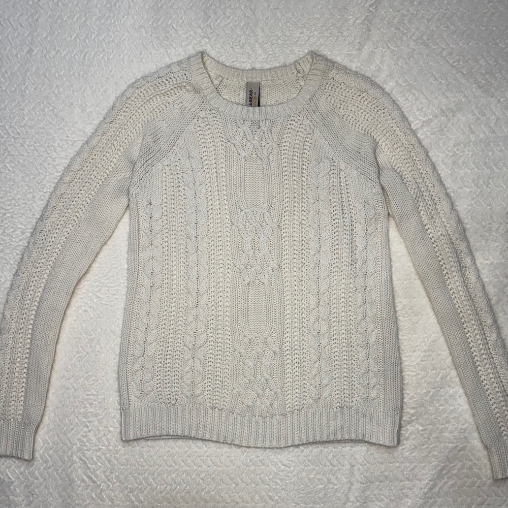 Women's White Cable Knit Sweater, long Sleeve, Pull&Bear, size S, pre-owned